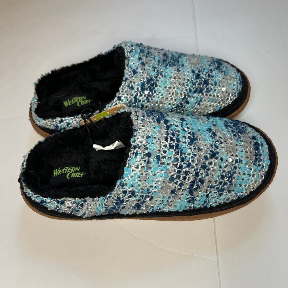 Western Chief Evelyn Women's Knit Slippers - Blue Grey Fuzzy Lining - Size 6 NWT - Picture 2 of 5